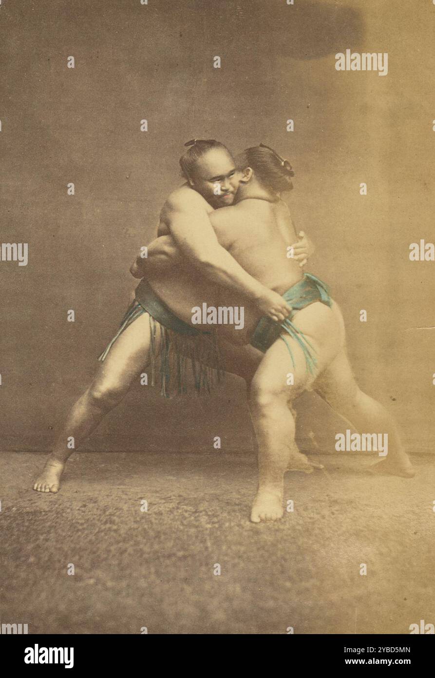 Two Japanese sumo westlers in gappling pose 1868 1880 Posed portrait