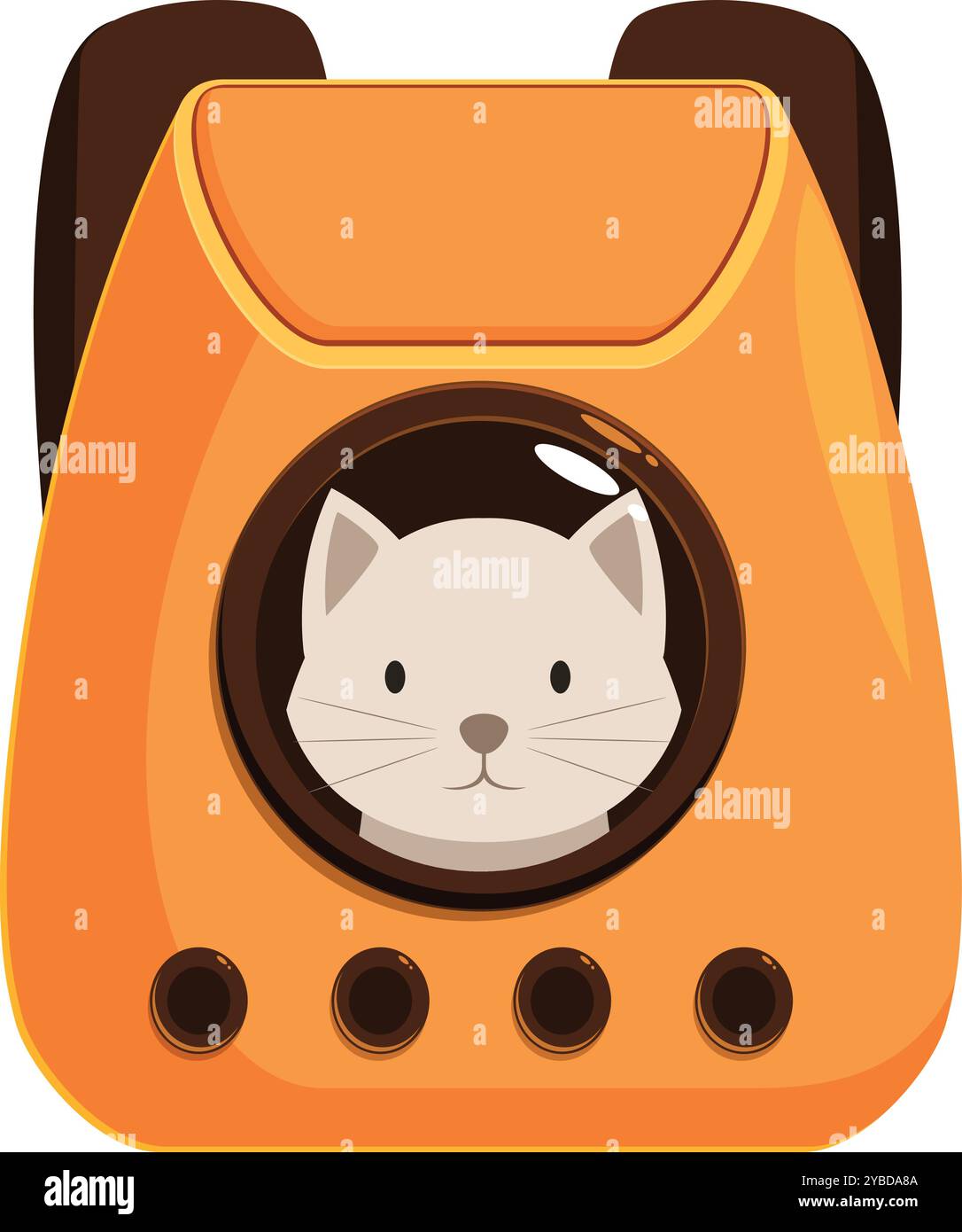 Illustration of a white cat sitting in an orange pet carrier backpack, looking out of the round window Stock Vector