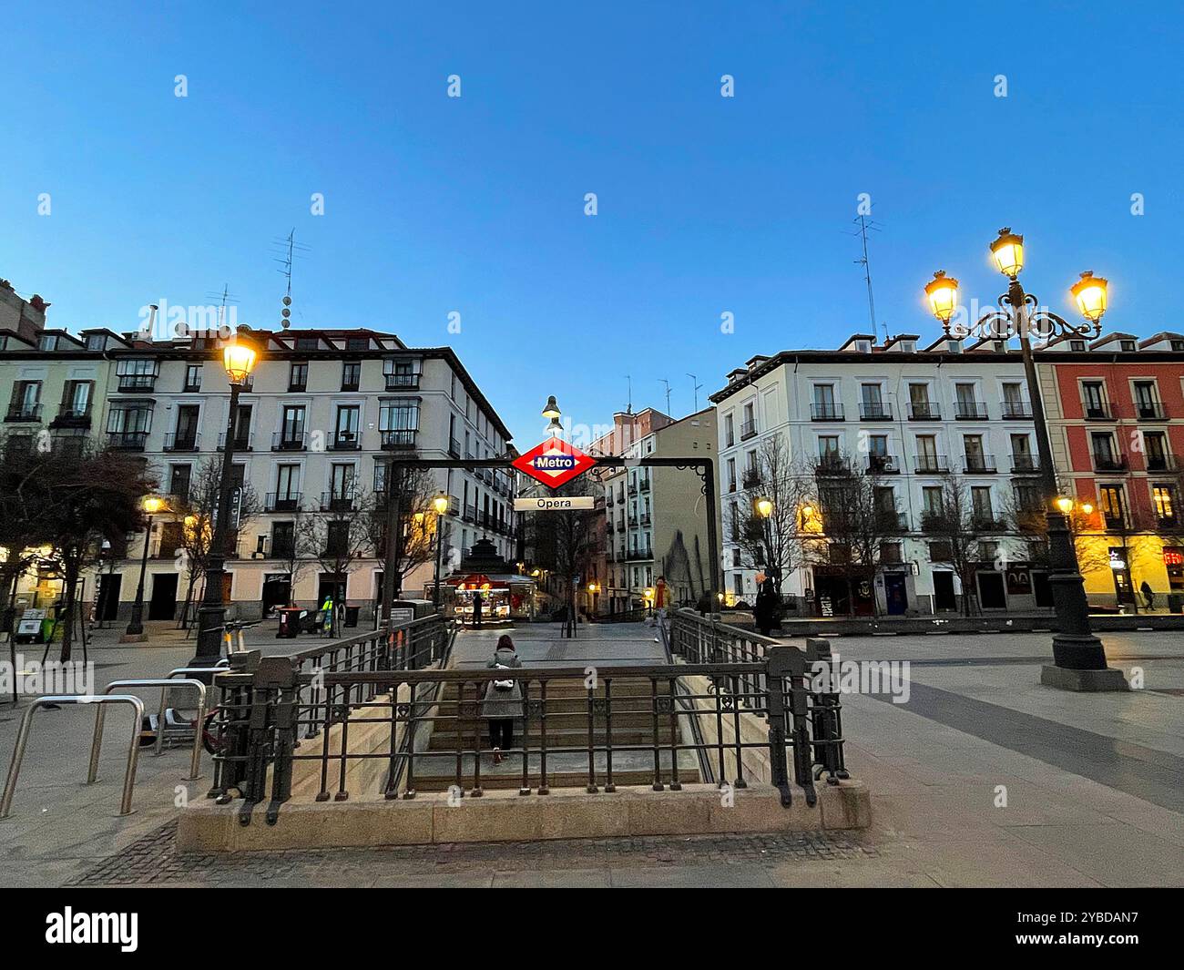 Metro Opera entrance, night view. Isabel II Square, Madrid, Spain. - Smartphone Captured Stock Image