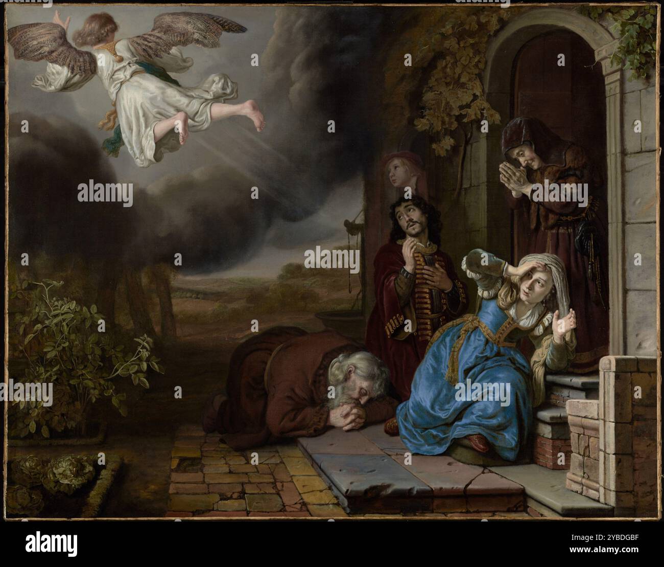 The Angel Taking Leave of Tobit and His Family, 1649.  Additional Info: After curing Tobit's blindness, returning the family's wealth, and making it possible for Tobit's son Tobias to marry his beloved Sarah, the Archangel Raphael has dropped his disguise and revealed himself as an angel, saying, &quot;I was not acting on my own will, but by the will of God.&quot; Such a scene of miraculous intervention was especially attractive to Protestants in Holland, who believed in doctrines of faith, mercy, and divine grace. Stock Photo