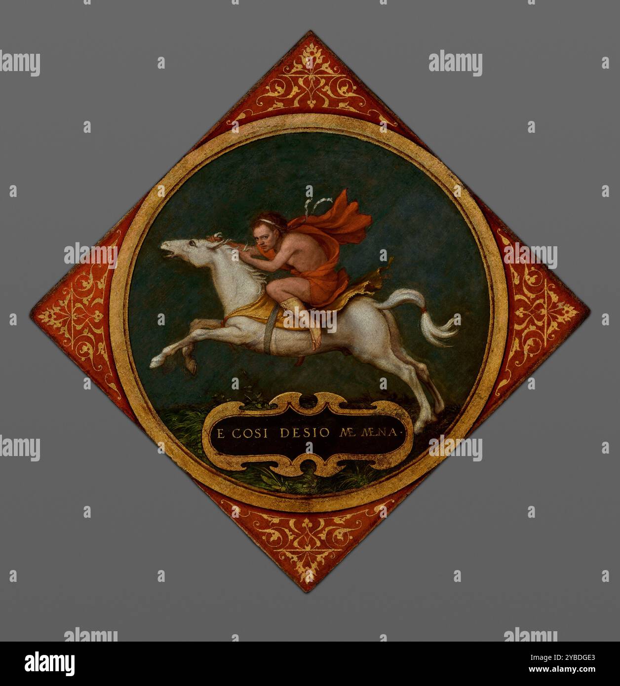 An Allegory of Passion, about 1532-1536.  Additional Info: The painted roundel in the center of this diamond-shaped wood panel features a rider in classical attire on a galloping white horse. A panel of this format usually depicted a coat of arms, but here it was adopted for a personal emblem. The unbridled horse-symbolic of vigor, ambition, or passion-carries a rider whose individualized features suggest it might be a portrait. Below, a cartouche holds the Italian inscription  E cosi desio me mena  (And so desire carries me along) taken from Petrarch's  Canzoniere , written about 1342. Stock Photo