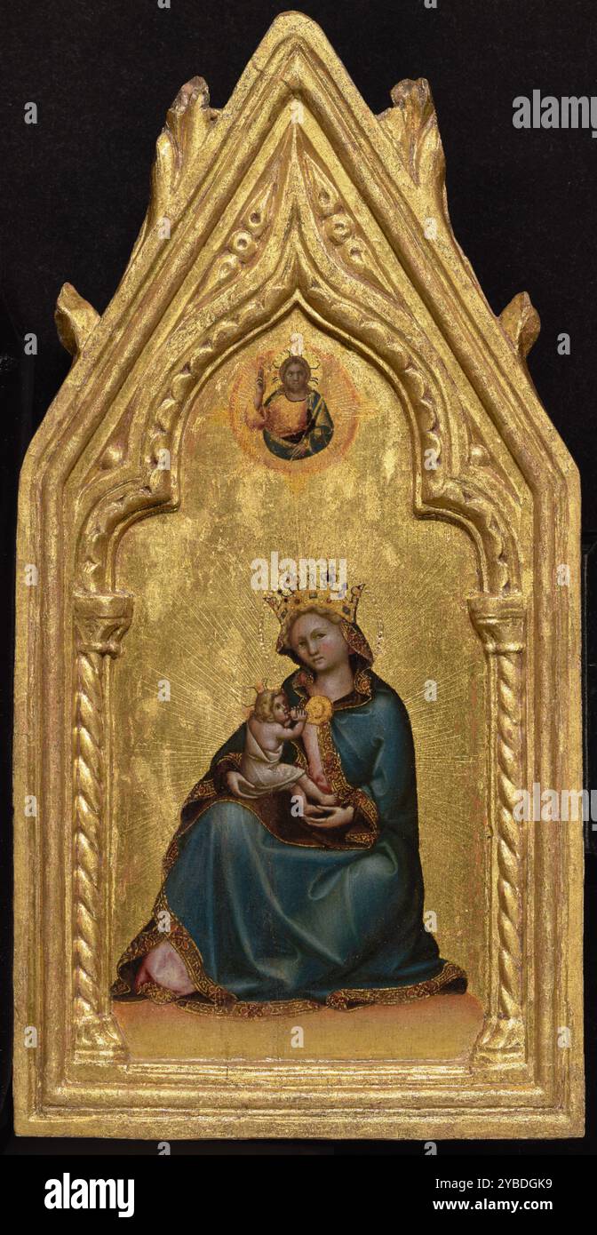 Madonna of Humility, about 1345-1350.  Additional Info: Set against a gold background, the Madonna and Child sit enclosed in a Gothic frame with pointed arches and decorative twisting columns. Stock Photo