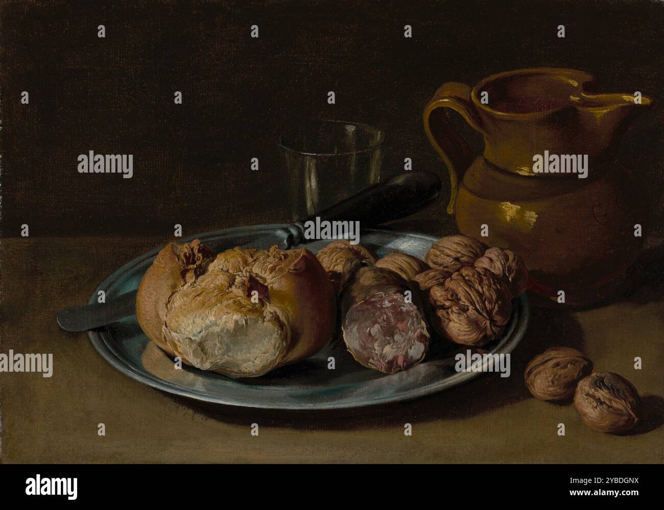 Still Life with Bread, Salami, and Nuts, about 1750-1760.  Additional Info: Ceruti depicts the ingredients of a meal arranged on a wooden table. The painter includes a piece of bread and salami, some nuts, a knife and pewter plate, accompanied by a glass and wine carafe. The shadowed side of the carafe bears the initials of the artist (G.C.). Stock Photo