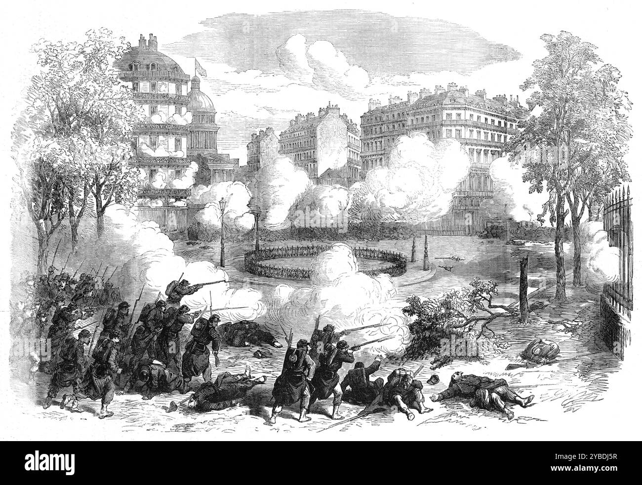 The Fighting in Paris: attack on the barricades at the Panth&#xe9;on, 1871. '..the troops...were able to turn the flank of the enemy's position by...breaking their way from house to house through the walls, or clambering over the roofs, till they could pour down a destructive side fire upon the defenders of the barricade, which was at the same time bombarded with shell by a battery of large guns planted in front...some of the soldiers made haste, as they hurried up the street, ducking heads and hugging walls, to mount some of the corner houses, while others extemporised a barricade in the stre Stock Photo