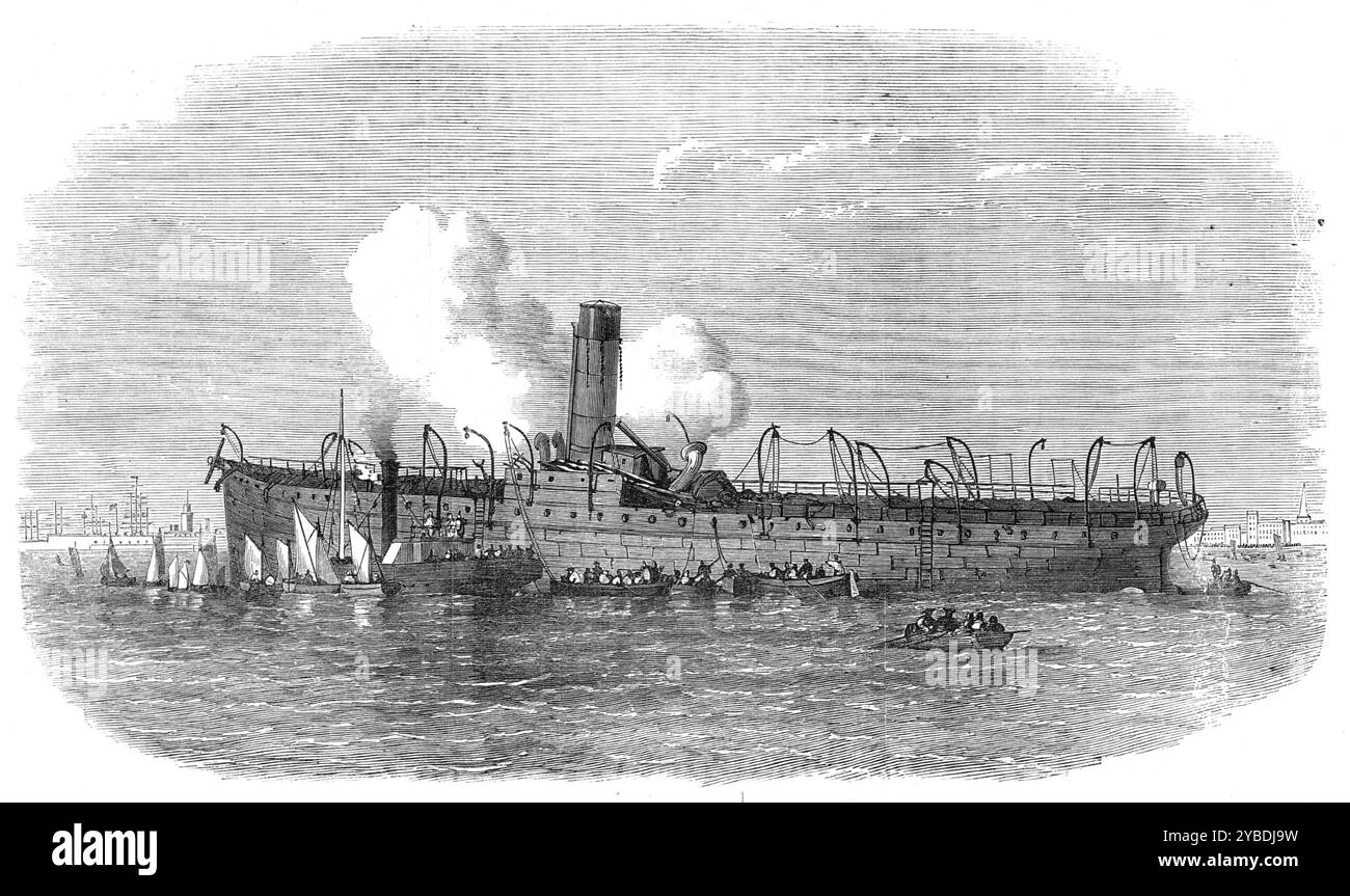 Remains of the Dutch steamer Willem III., burnt off the Isle of Wight, 1871. 'The screw steam-ship Willem III., an iron vessel,...was bound to the Dutch colony of Batavia, via the Suez Canal...She had a general Amsterdam cargo for Batavia, with 1100 tons of coals, and had Dutch troops on board, with some other passengers. Fire was discovered on board the ship in one of the state cabins...the fire ...spread with astonishing rapidity through all parts of the ship. Very fortunately, no loss of human life has been caused by this complete destruction of a large steam-ship at sea, crowded with passe Stock Photo