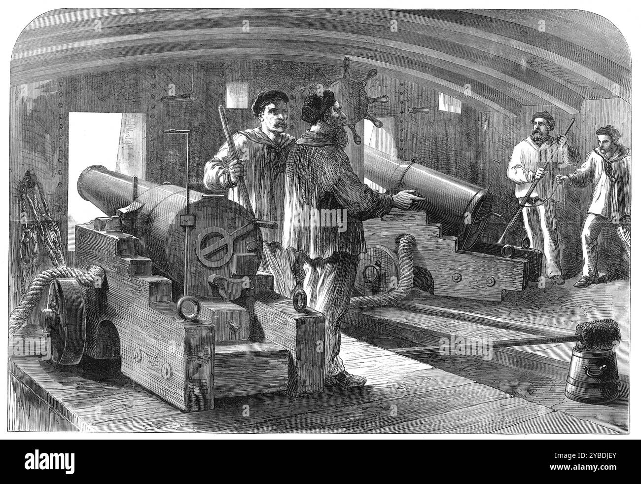 The French Siege of Paris: interior of gun-boat La Commune, 1871. 'We give an interior view of the ironclad compartment of the cannoni&#xe8;re or gun-boat La Commune, with two guns. This boat has a crew of thirty-seven men, commanded by M. Girard. In addition to the iron on the roof or deck, extra protection is given by means of sandbags. This vessel's guns are pointed towards Meudon; they are breech-loaders. The sailors are dressed in white canvas'. From &quot;Illustrated London News&quot;, 1871. Stock Photo