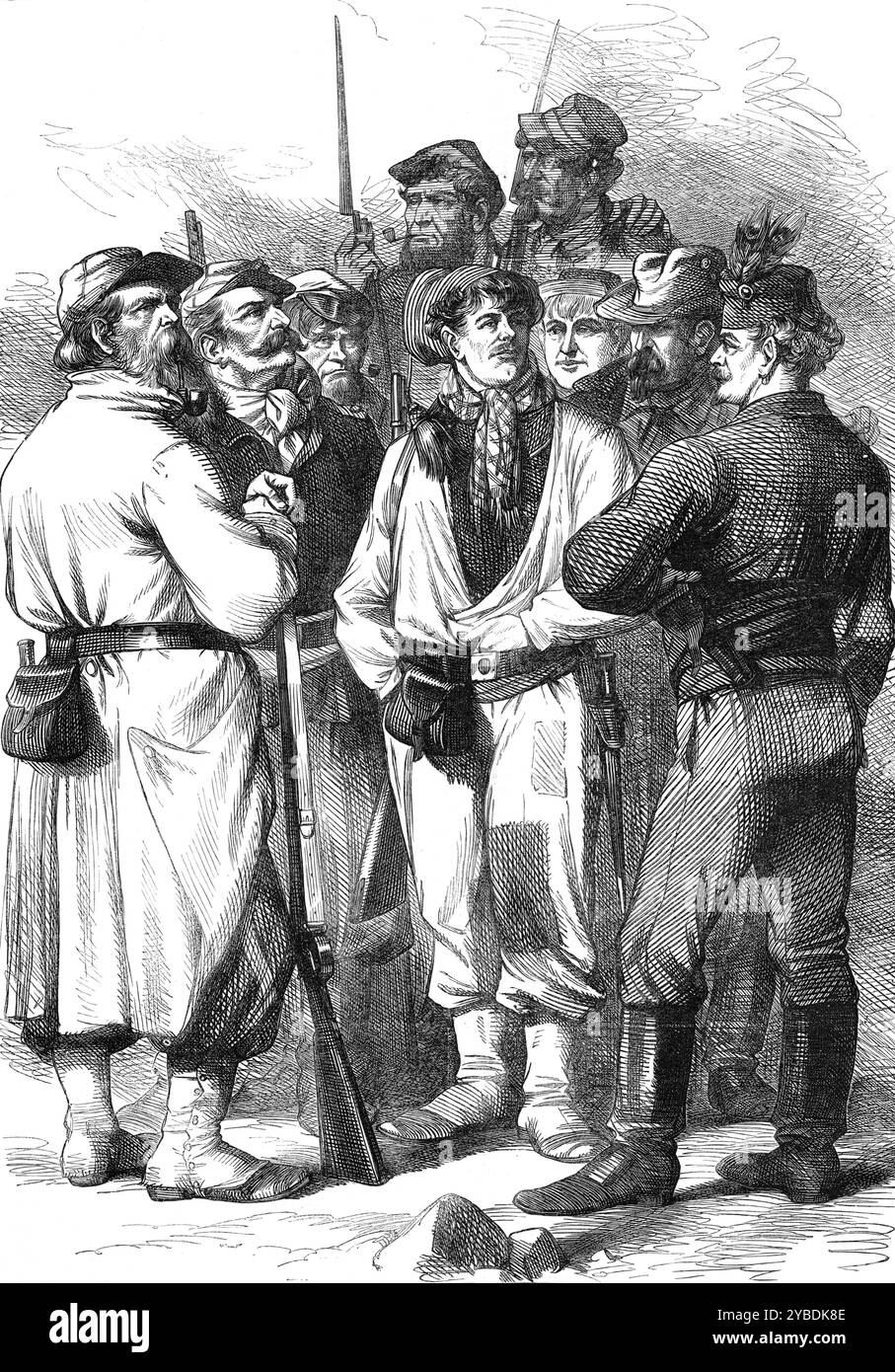 The Civil War in Paris: Men of the Barricades, 1871. '...the motley character and attire of the &quot;Men of the Barricades.&quot; The man standing in the middle, with patched trousers, blouse, woollen neck-wrapper, leather belt for pouch and bayonet over a red sash, and red cap of liberty, with yellow tassel, worn very much over his right shoulder, is a Volunteer National Guard. Those on the left side of the Engraving are National Guards, of whom the nearest to the front, with a full beard, having a pipe in his mouth, wears his great-coat and carries his rifle. The one on the left side, with Stock Photo