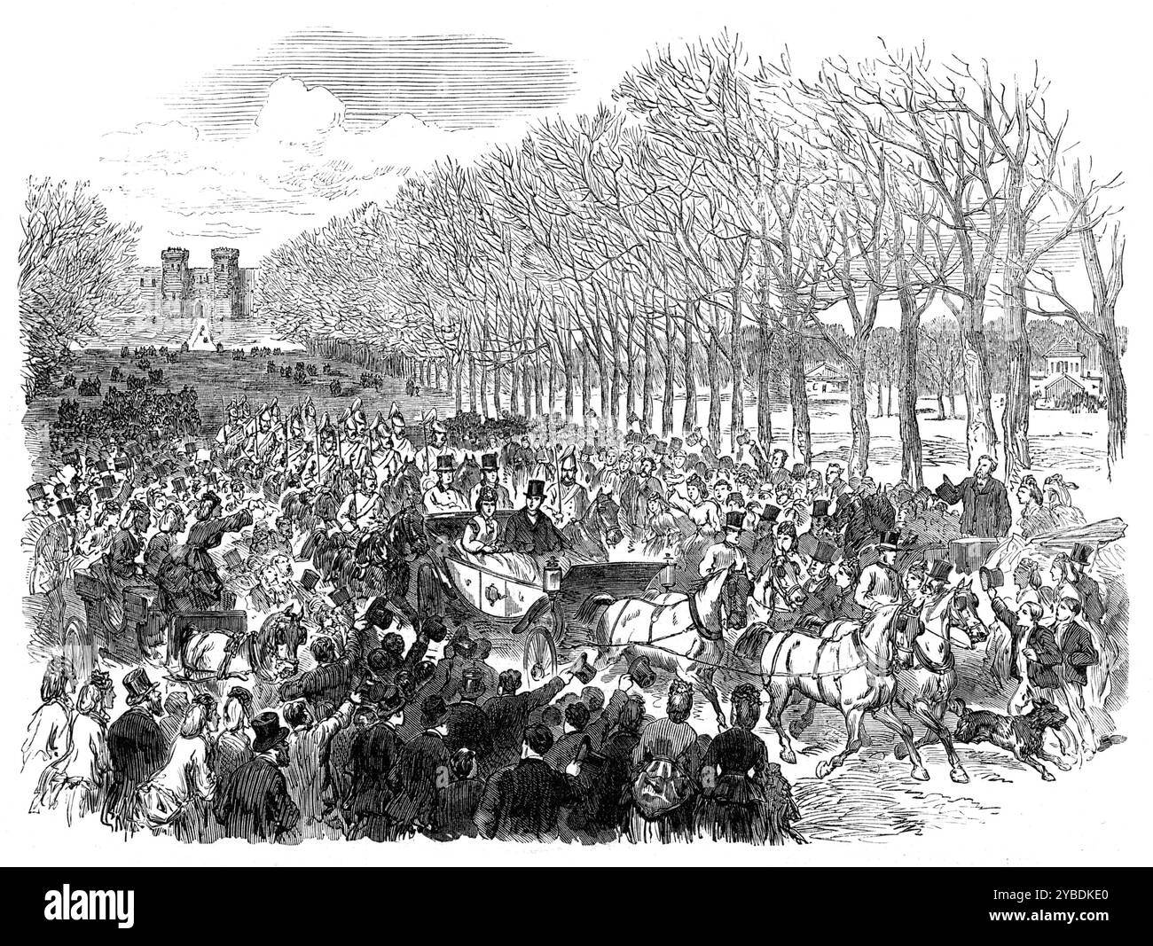 Marriage of Princess Louise: the Long Walk, Windsor Park, 1871. 'Outside the precincts of the Castle, a great multitude of people awaited their passage. There was a continual cheer along High-street, the Marquis repeatedly bowing his acknowledgments. The route was through Park-street and the Long Walk, which was lined with spectators...a Royal salute was fired'. From &quot;Illustrated London News&quot;, 1871. Stock Photo