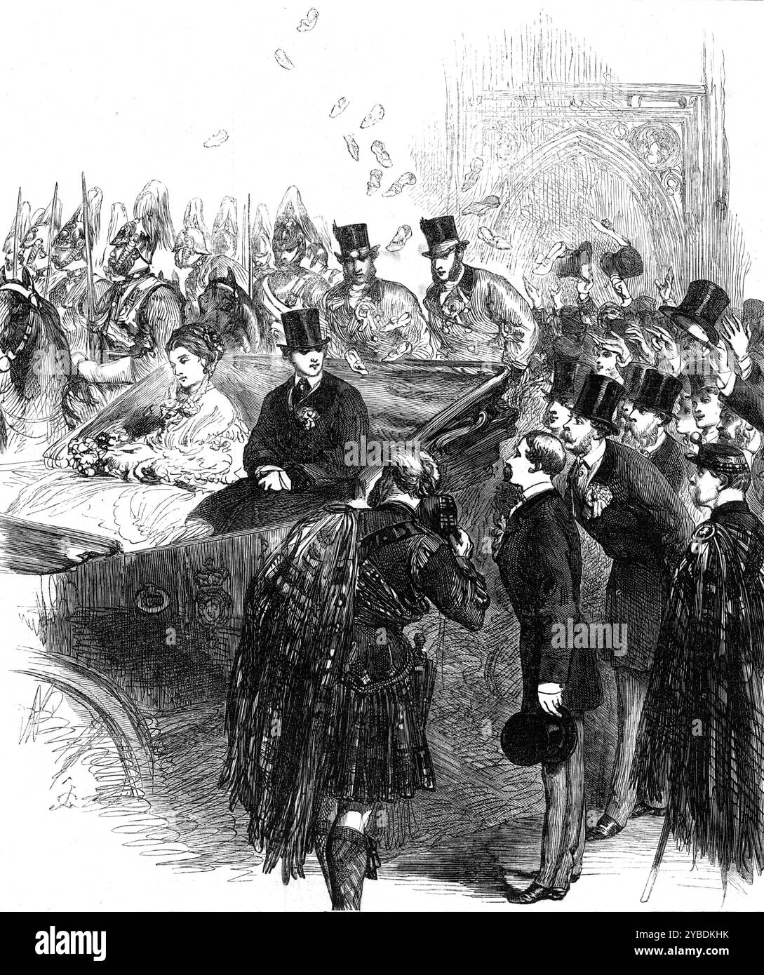 Marriage of Princess Louise: throwing the slipper at the bride and bridegroom, 1871. 'At a quarter past four the bride and bridegroom left Windsor Castle, in a carriage with four greys, for Claremont, escorted by a detachment of Life Guards. They were accompanied to the carriage in the quadrangle, or to the door of the Castle where it stood in waiting, by many of their kinsmen and kinswomen...Handkerchiefs were waved to bid them farewell. Showers of satin slippers were thrown after them as they drove off, and a broom, the Scottish token of wishing good luck upon such an occasion...Outside the Stock Photo