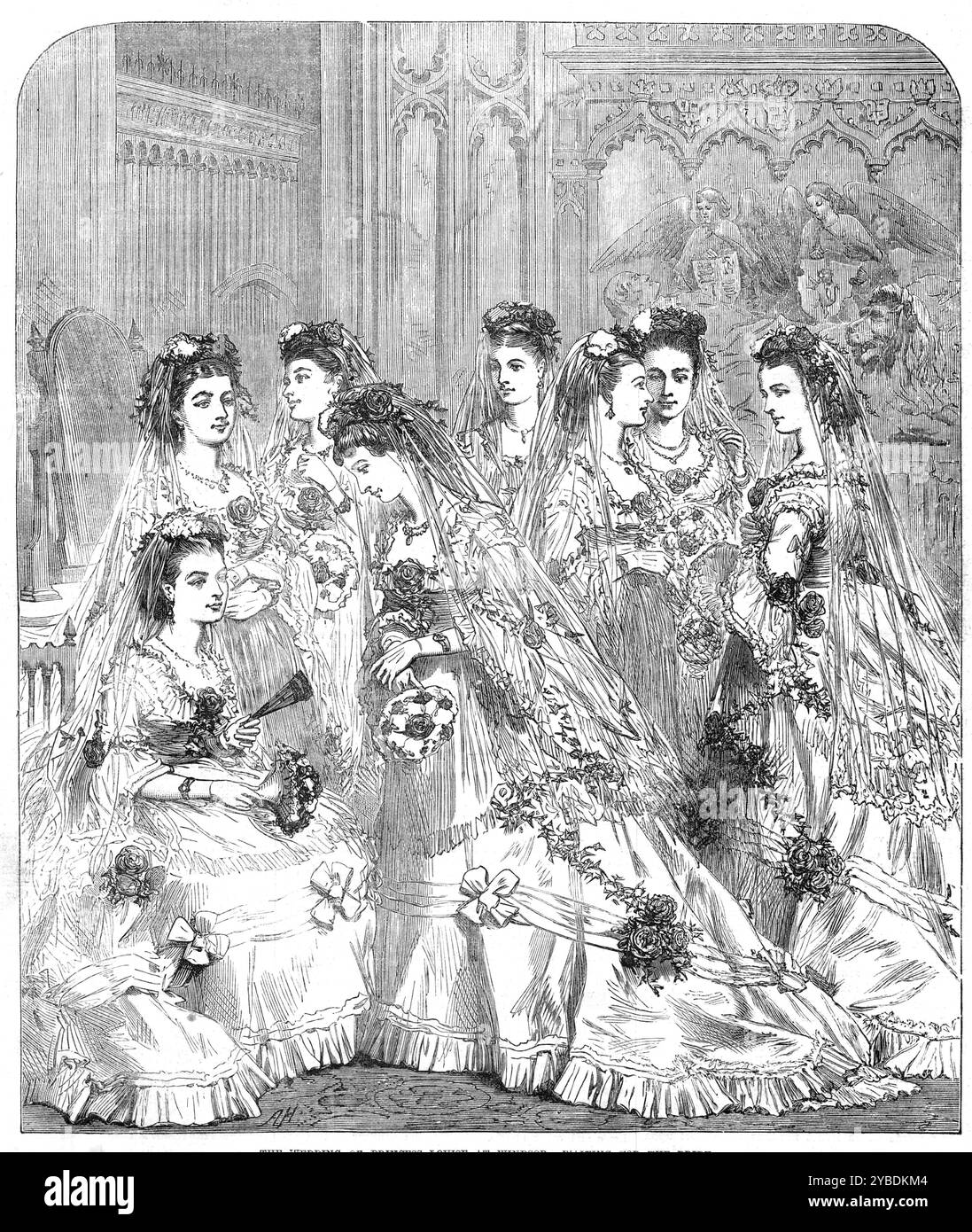 The Wedding of Princess Louise at Windsor: waiting for the bride, 1871. Royal wedding of Princess Louise (fourth daughter of Queen Victoria) and her husband John Campbell, 9th Duke of Argyll. 'The locket given by her Royal Highness to the bridesmaids was manufactured by Messrs. London and Ryder. Its design was assisted by sketches made by the Princess herself...These lockets were worn by the eight bridesmaids during the wedding ceremony on Tuesday'. From &quot;Illustrated London News&quot;, 1871. Stock Photo