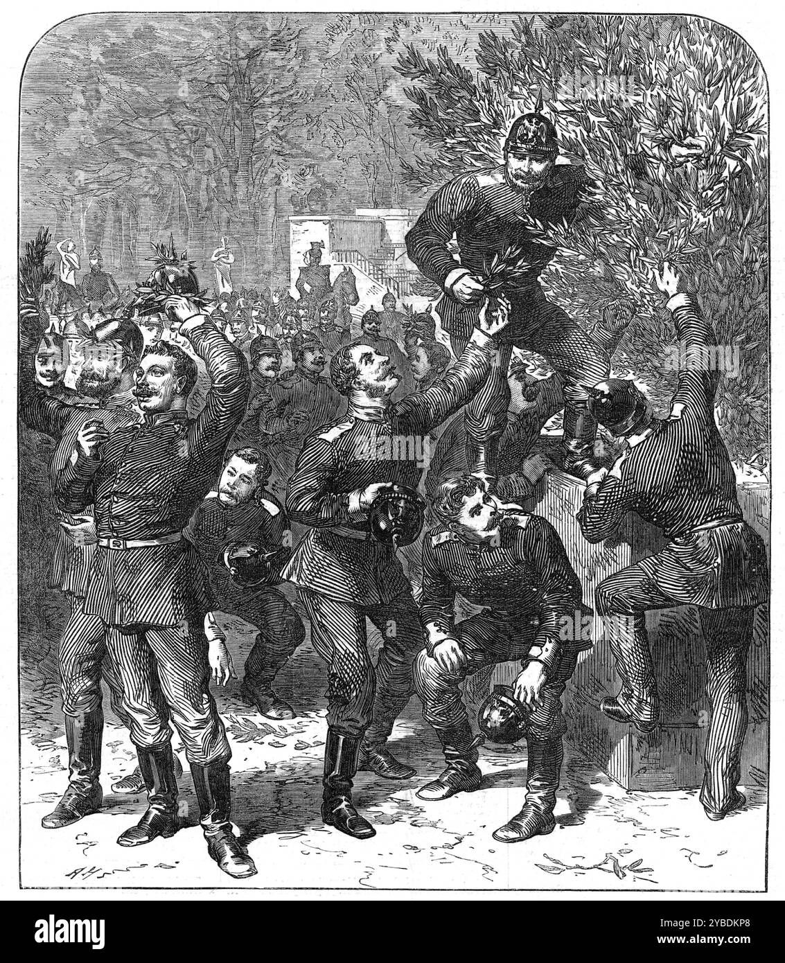 Self-crowned victors: a sketch in the Tuileries Gardens, Paris, 1871. Franco-Prussian War. 'The show apartments in the Palace of the Tuileries, and the galleries of the Louvre, were visited, on the Thursday, by many thousands of the German soldiers, not carrying their arms, agreeably to a clause in the military convention signed at Versailles. These parties were escorted by armed detachments of the French National Guards. Their admission, however, provoked the anger of the Parisians to a dangerous pitch. The Rue de Rivoli was paraded, during several hours, by an agitated crowd, some pressing a Stock Photo