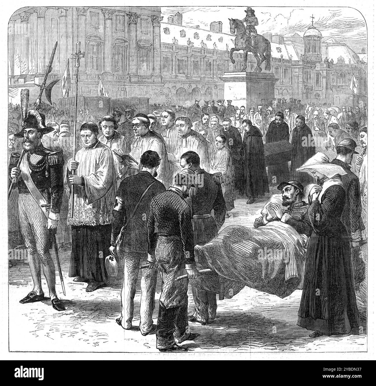 A scene at Versailles, [France], 1871. Funeral procession for French military personnel killed in the Franco-Prussian War. An injured soldier on a stretcher prays with a nun by his side. In the background is an equestrian statue of Louis XIV. From &quot;Illustrated London News&quot;, 1871. Stock Photo