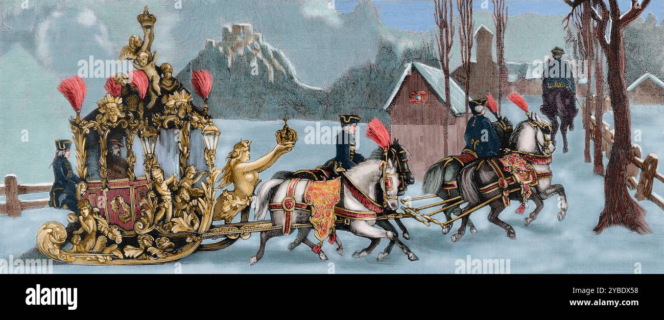 King Ludwig II of Bavaria travelling in a sleigh, 1886. Ludwig II (1845-1886) riding in an ornate golden horse-drawn sleigh. From &quot;La Ilustraci&#xf3;n Espa&#xf1;ola y Americana&quot; (Spanish and American Illustration), 1886. (Colorised black and white print). Stock Photo