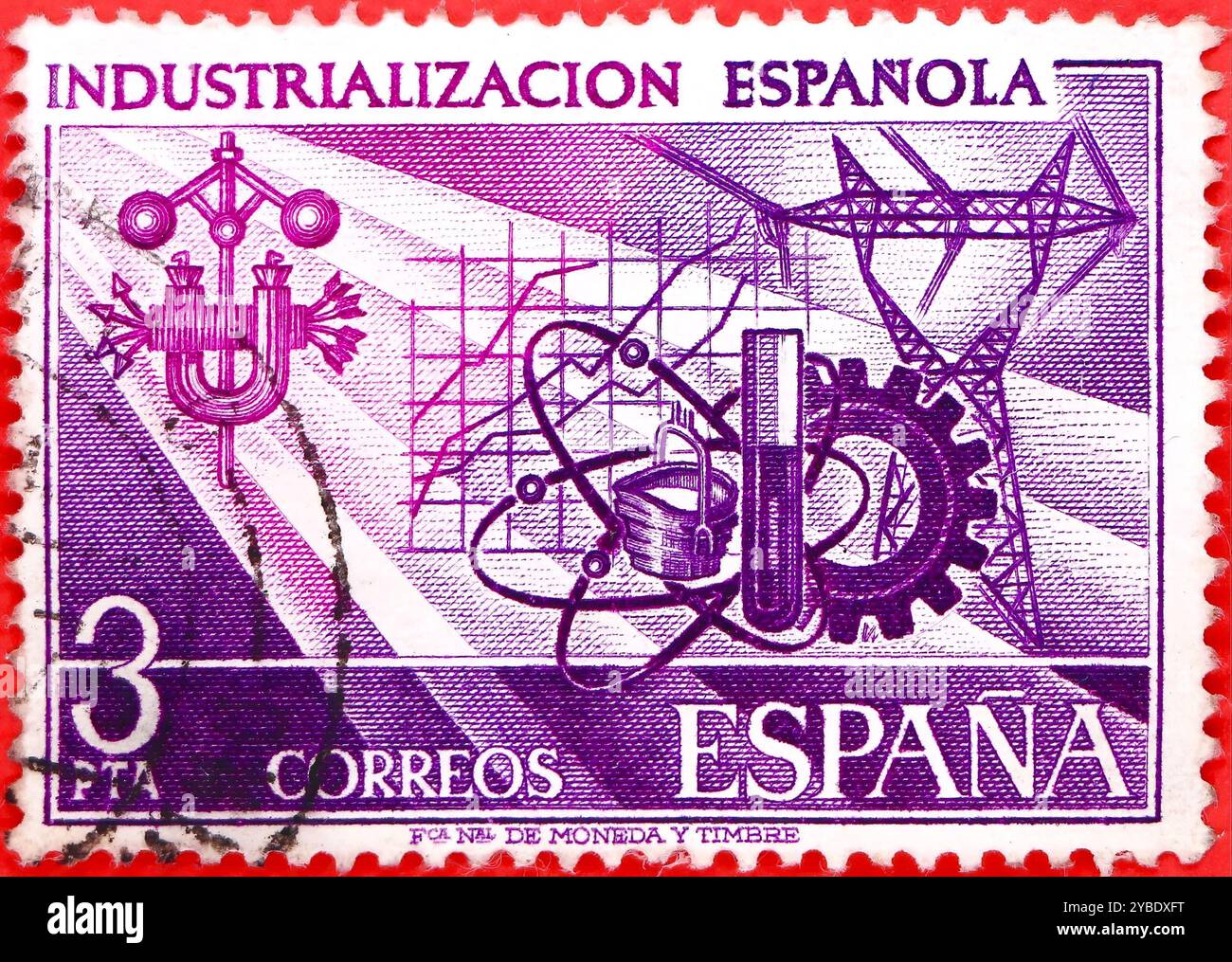 Photo of a postmarked 3 Spanish pesetas postage stamp Spanish Industrialisation Stock Photo