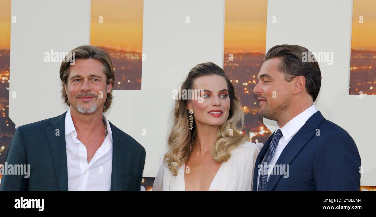 Brad Pitt, Leonardo DiCaprio and Margot Robbie at the Los Angeles premiere of 'Once Upon a Time In Hollywood' held at the TCL Chinese Theatre IMAX in Hollywood, USA on July 22, 2019. Stock Photo