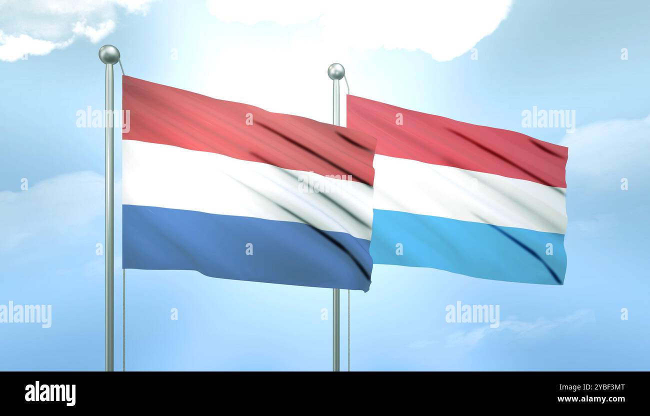 3D Flag of Netherlands and Luxembourg on Blue Sky with Sun Shine Stock Photo