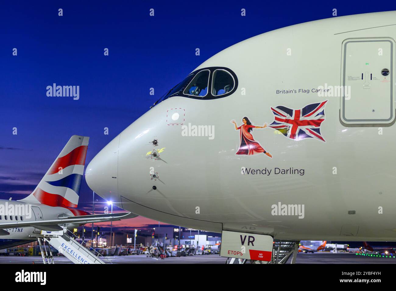 Close Up Of The Nose Cone And Bandit Mask Of G-VNVR Virgin Atlantic Airways Airbus A350-1041 At Edinburgh Airport Stock Photo