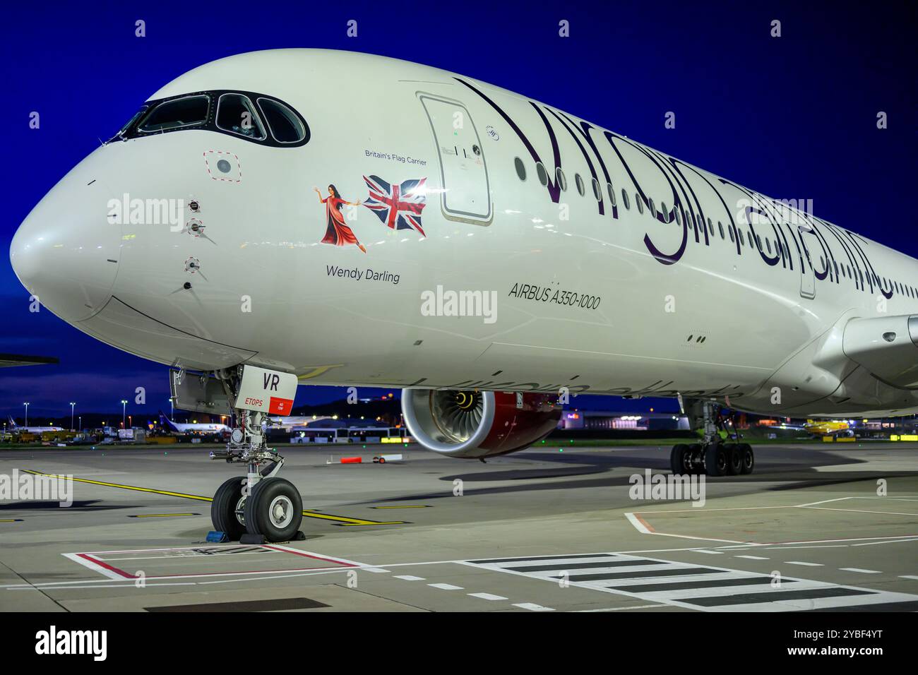 Close Up Of The Nose Cone And Bandit Mask Of G-VNVR Virgin Atlantic Airways Airbus A350-1041 At Edinburgh Airport Stock Photo