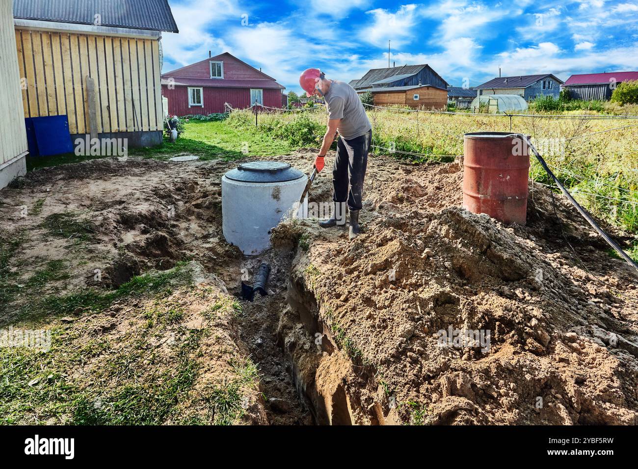 Installation of an absorbent trench for wastewater disposal area when installing an autonomous sewage system with septic tank in rural areas. Stock Photo