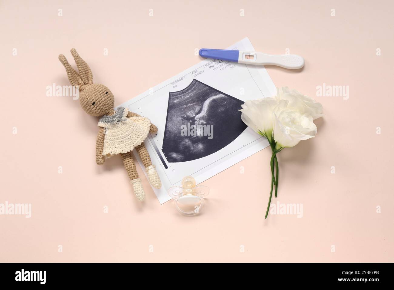 Composition with pregnancy test, sonogram images, toy rabbit and nipple ...