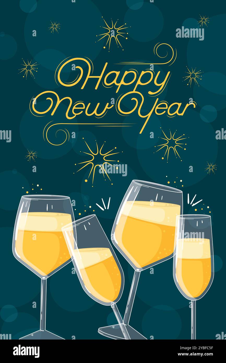 Happy New Year card with multiple champagne glasses, Vector Stock ...