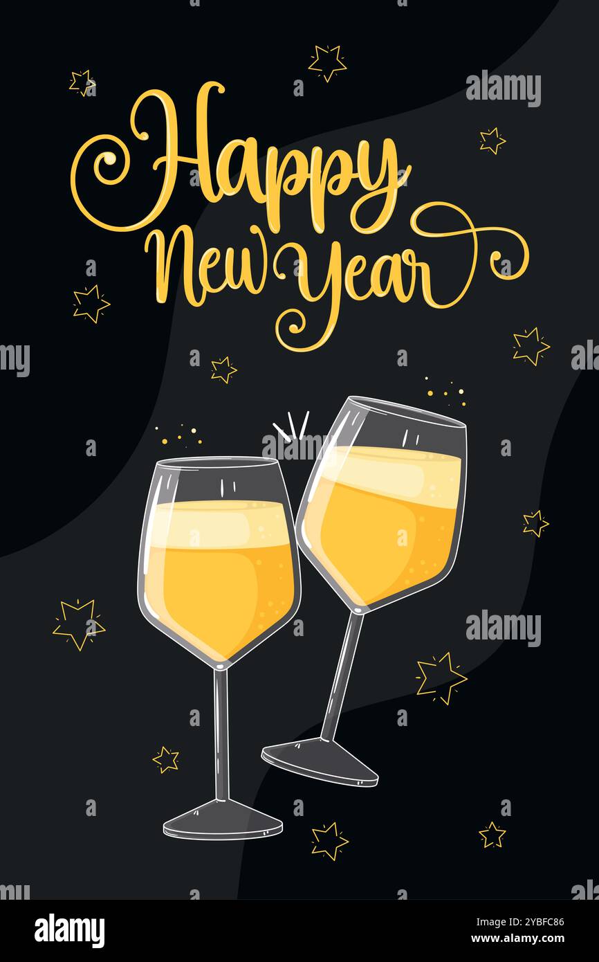 Happy New Year card with champagne glasses, Vector Stock Vector Image ...