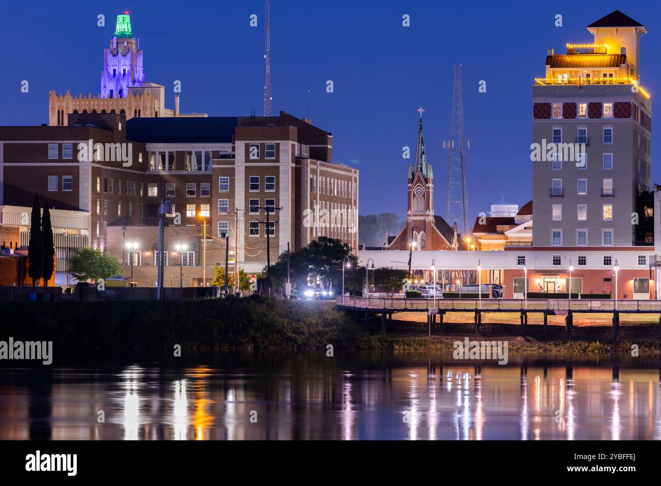 Monroe, Louisiana, USA - April 4, 2024: Evening lights shine on the