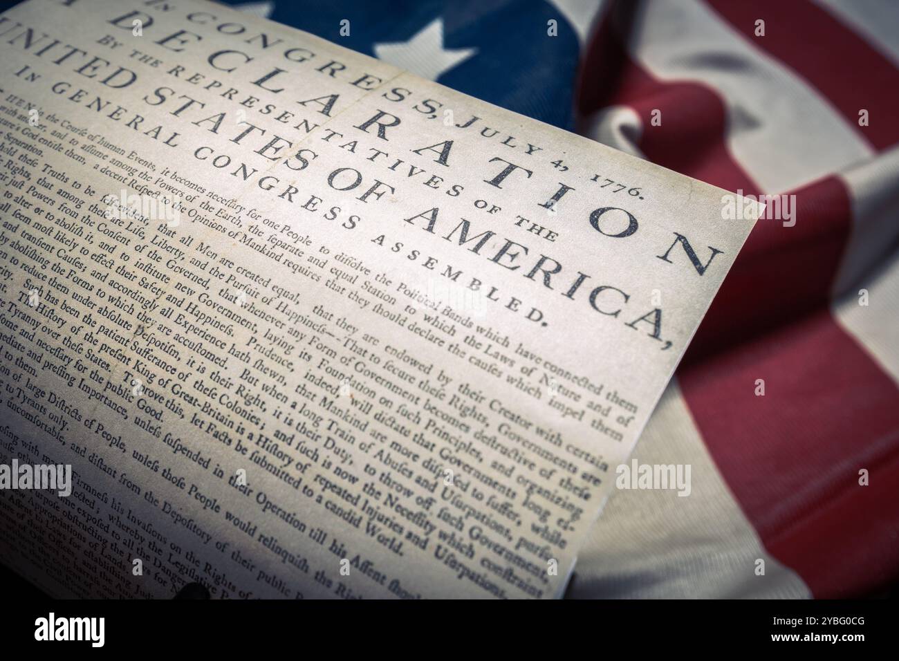 United States Declaration of Independence on a Betsy Ross flag Stock Photo