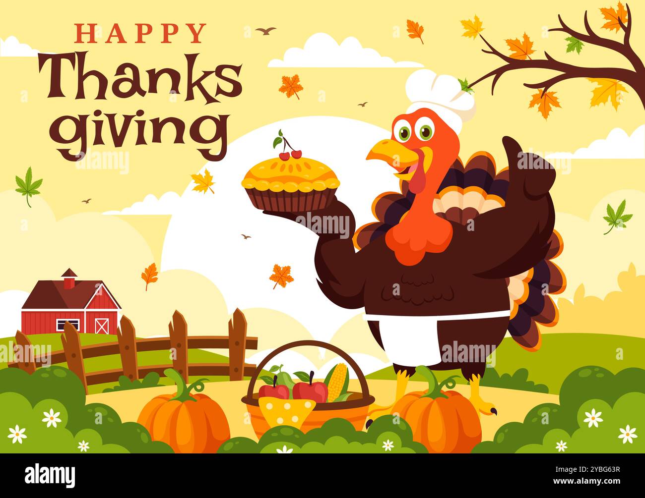 Happy Thanksgiving Day Vector Illustration with Turkey, Pumpkins ...