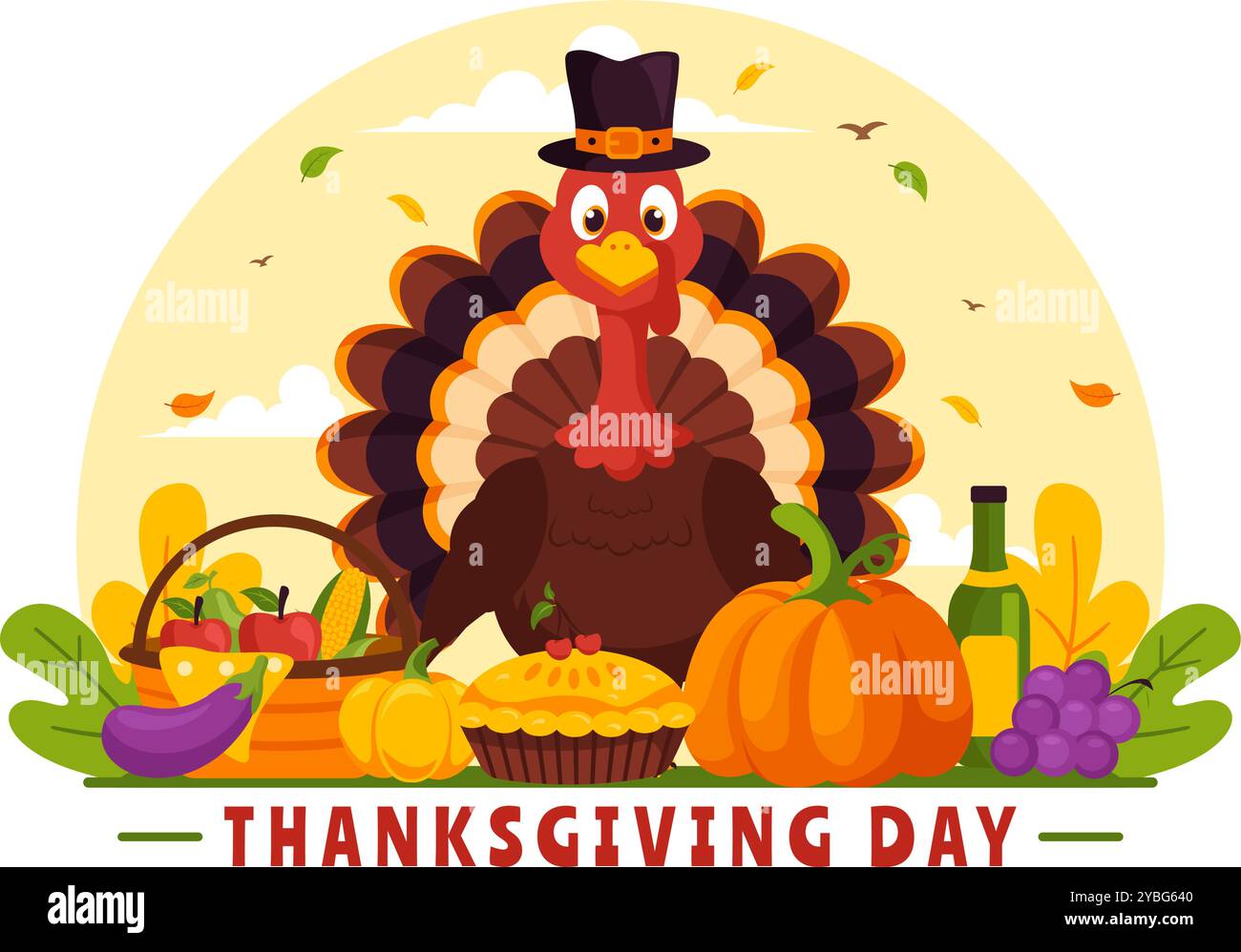 Happy Thanksgiving Day Vector Illustration with Turkey, Pumpkins ...