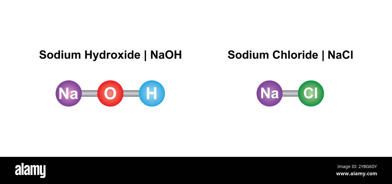 Sodium hydroxide and sodium chloride, illustration. Stock Photo