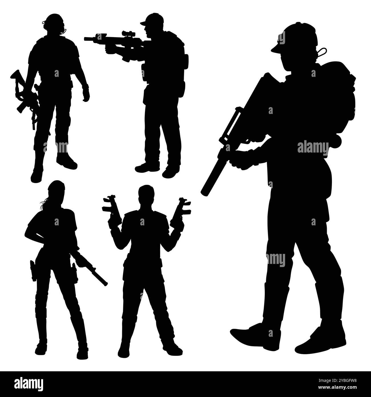 army soldier male and female pose silhouette Stock Vector