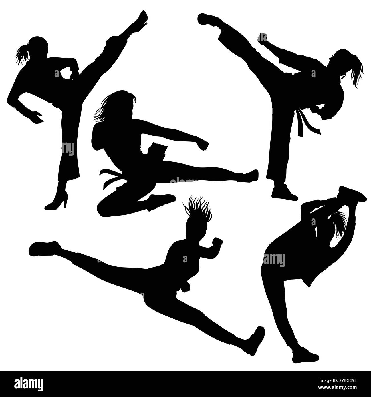 Male and female kicking karate sport silhouette Stock Vector