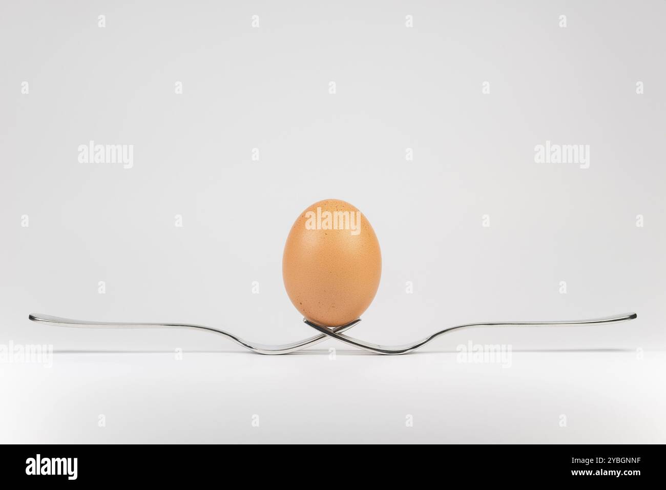 Balancing egg on two cooperating metal forks Stock Photo