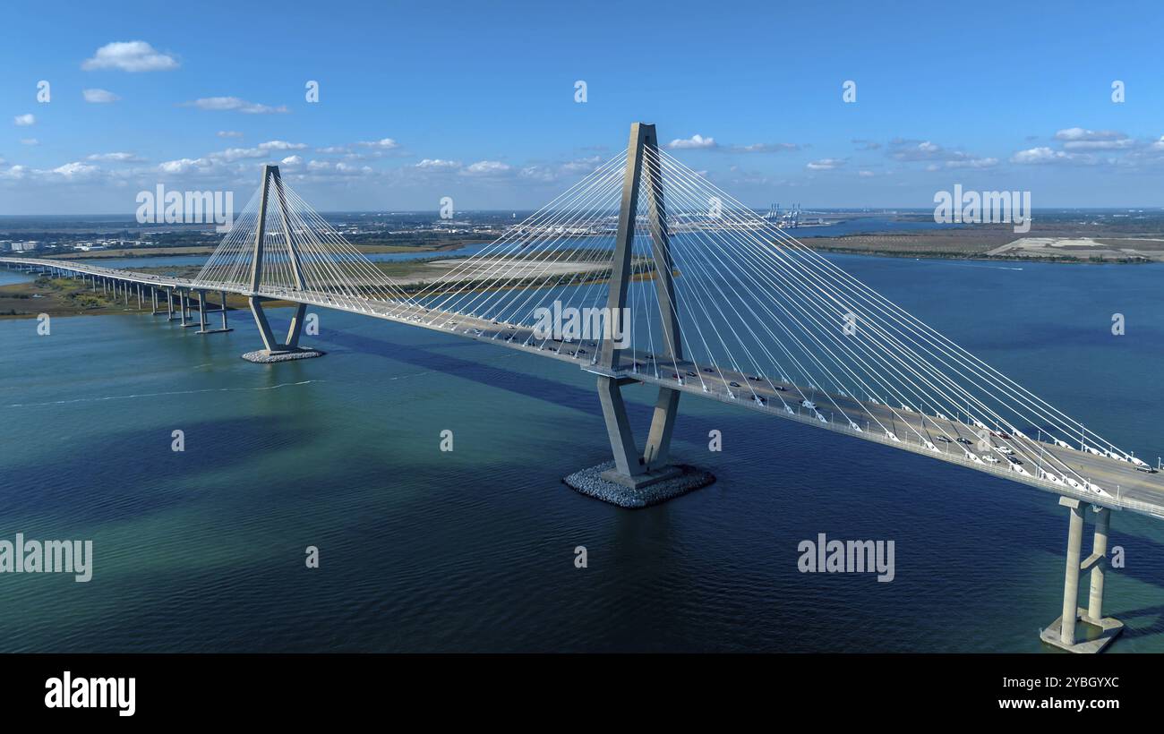 Aerial View of the Arthur Ravenel Jr. Bridge over the Cooper River in South Carolina, USA, North America Stock Photo