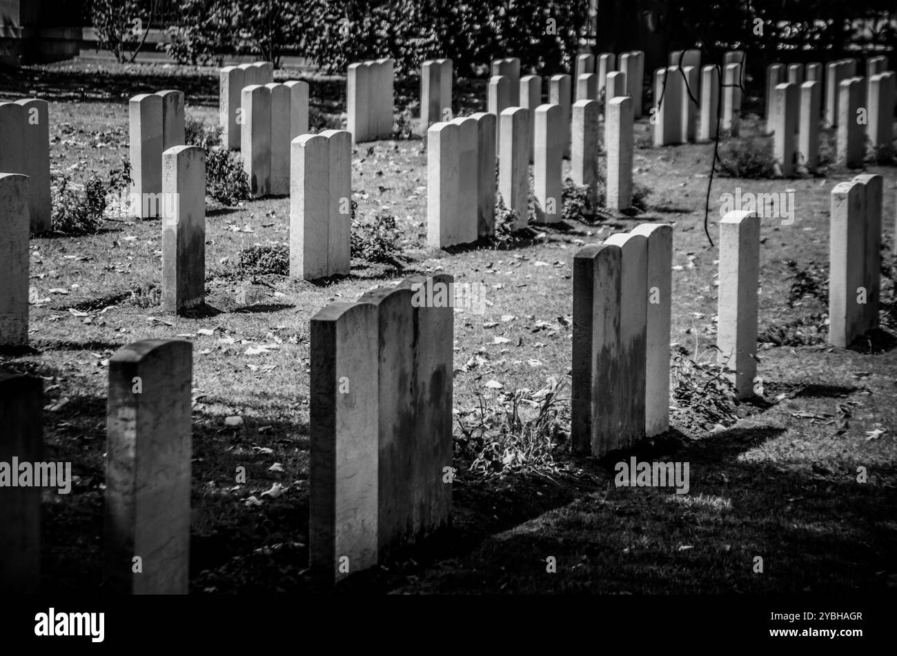 Black and white pictures of rows of graveyard stones Stock Photo