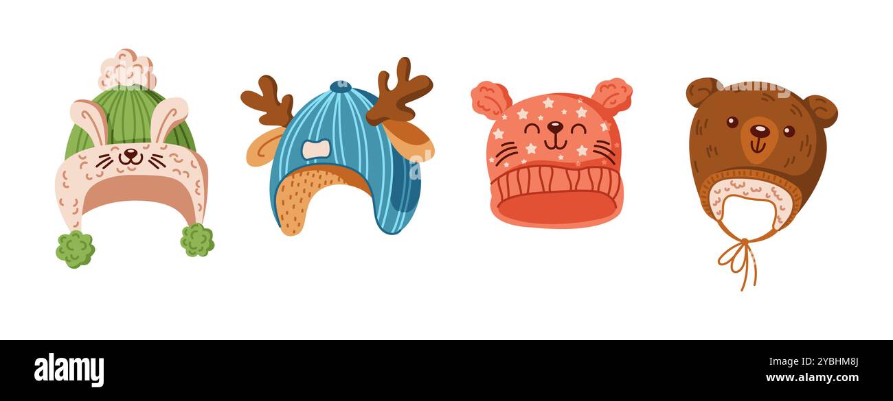 Winter hats with animal faces flat color vector objects set Stock Vector