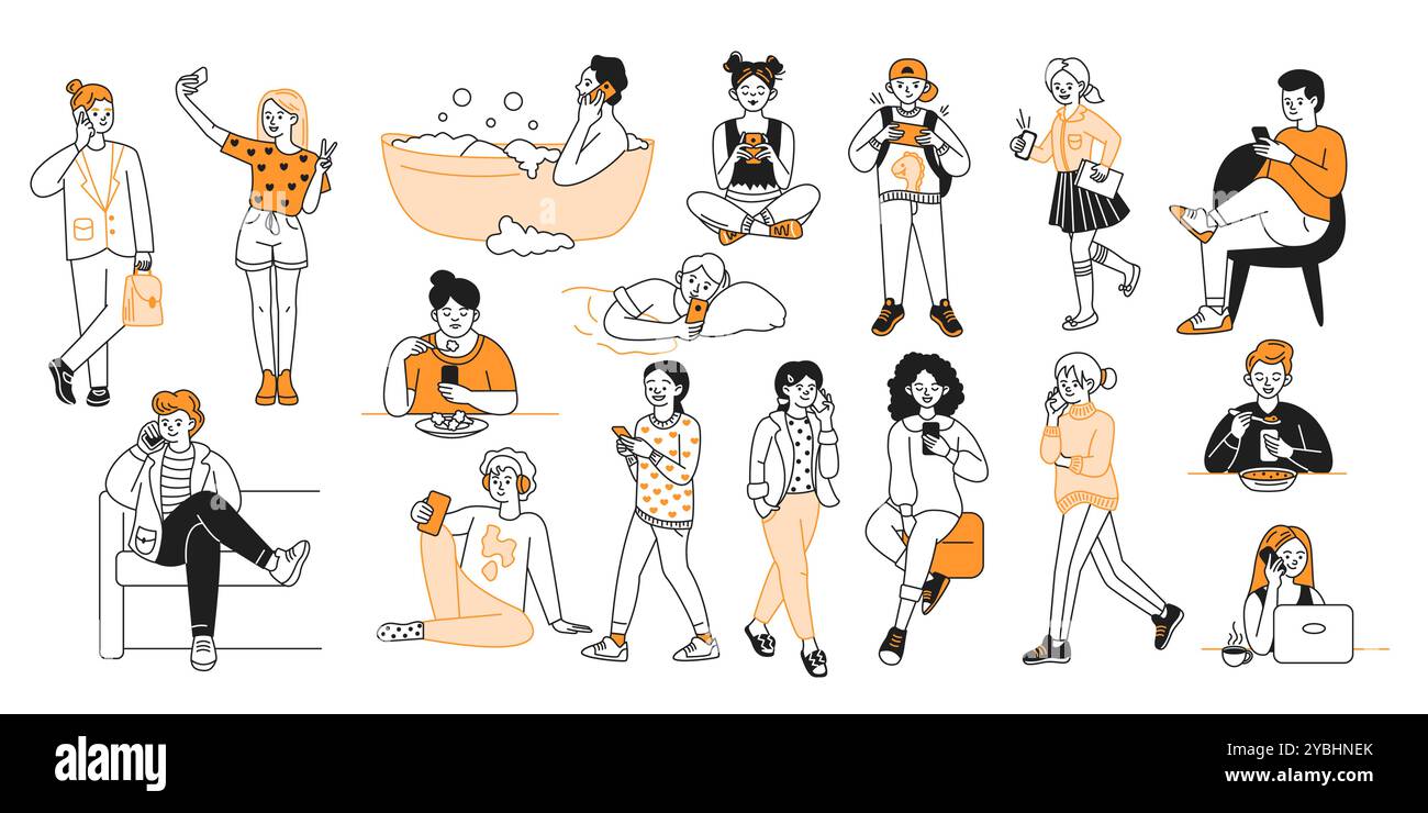 Adults using smartphones in various situations vector icons Stock Vector