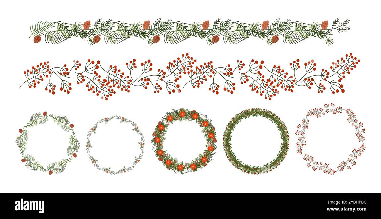 Christmas floral garlands and wreaths flat vector objects Stock Vector