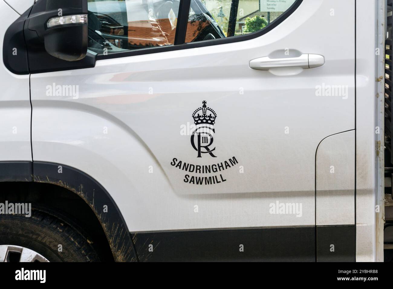 King Charles III royal cypher on vehicle from Sandringham Sawmill on the royal estate.  Features Tudor crown above initials CIII and R for Rex. Stock Photo