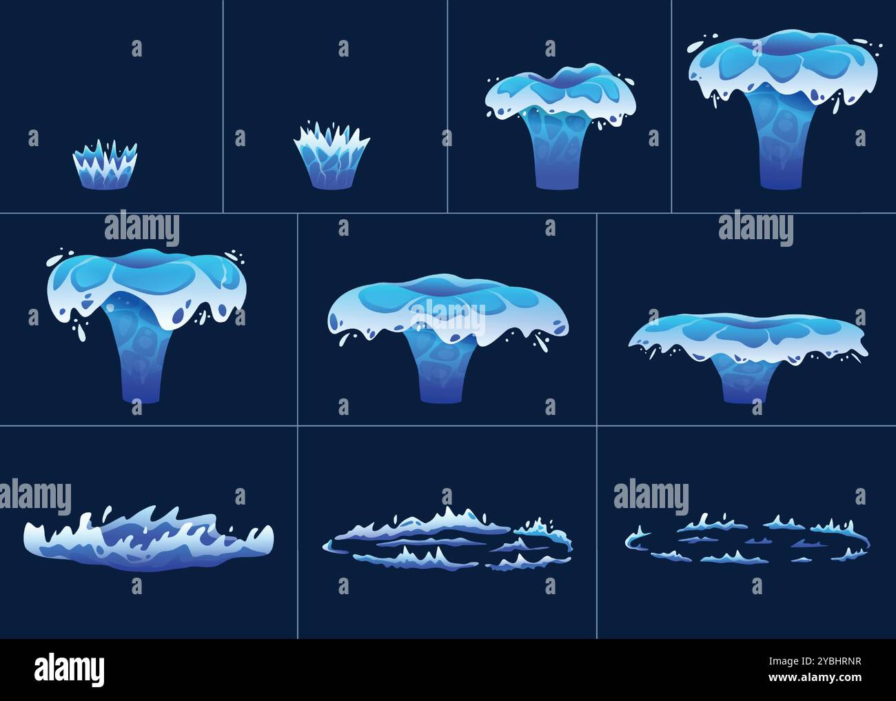 Water crown splash animation. Dynamic burst and splashing droplets with rebound effect and circular ripple. Fluid motion animated frames sequence Stock Vector