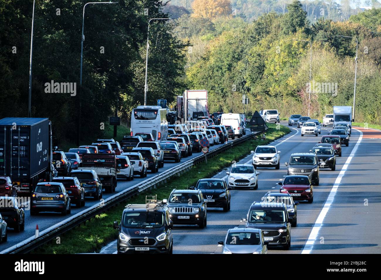 Bristol, UK. 19th Oct 2024. The M4 Motorway will be closed between junctions 18 and 19 at Bristol for the whole weekend. M4 traffic diverted onto the A417 causes delays. This is one of the busiest sections of the UK motorway network, traffic is disrupted. The bridge closed at 7pm on Friday the 18th October and hopefully will reopen at 6am on the 21st, so lengthy diversions will be in place. The A432 Badminton Road bridge is in poor condition, it is scheduled for replacement in 2025. This weekends work will reroute local services which go over the bridge into trenches dug across the motorway. Stock Photo