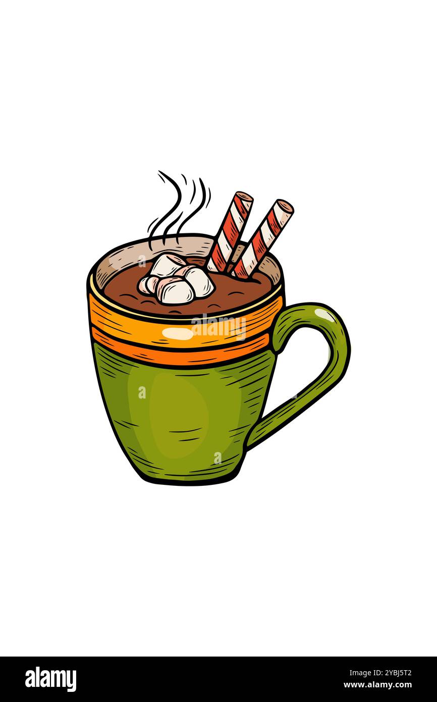 Vector sketch in vintage style, engraving, line drawing of colored cocoa cup. Stock Vector