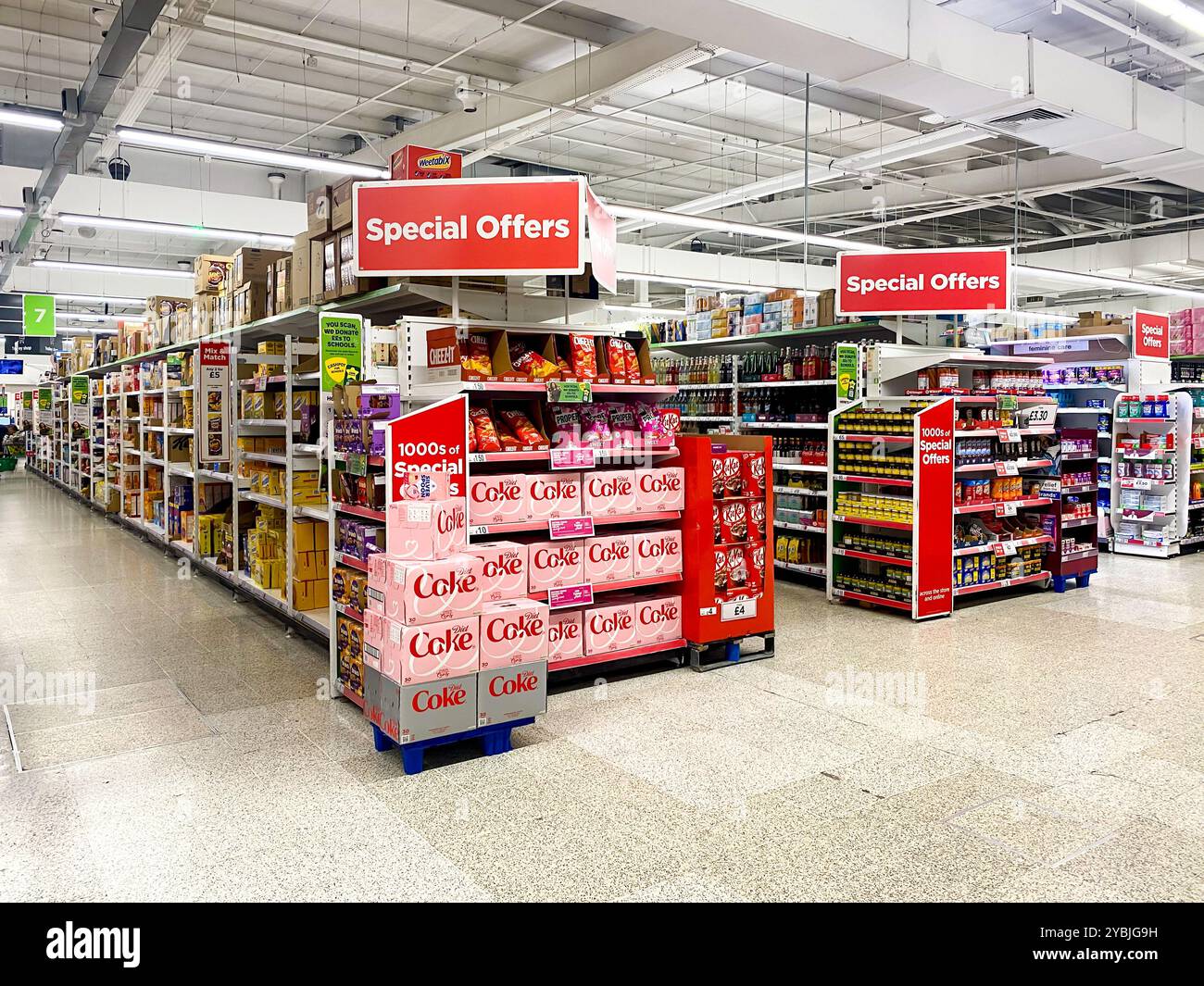 Special offers at the end of the aisles in a UK supermarket - Smartphone Captured Stock Image