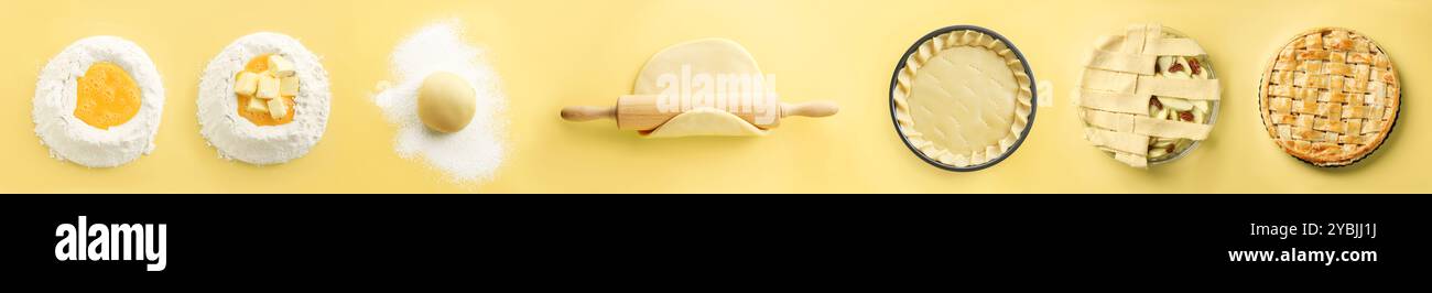 Apple pie, step by step. Collage on yellow background, top view Stock Photo