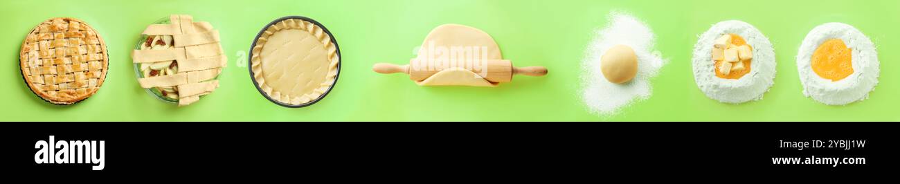 Apple pie, step by step. Collage on light green background, top view Stock Photo