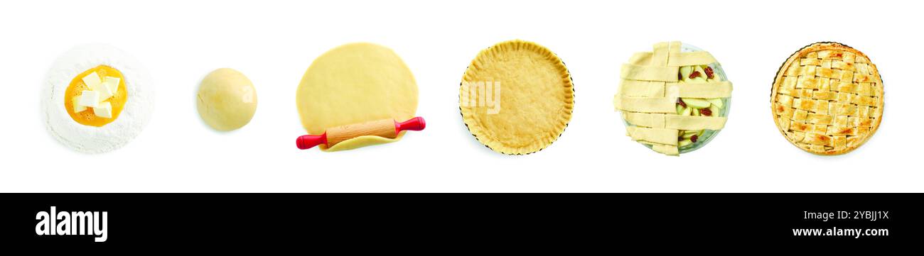 Apple pie, step by step. Collage on white background, top view Stock Photo