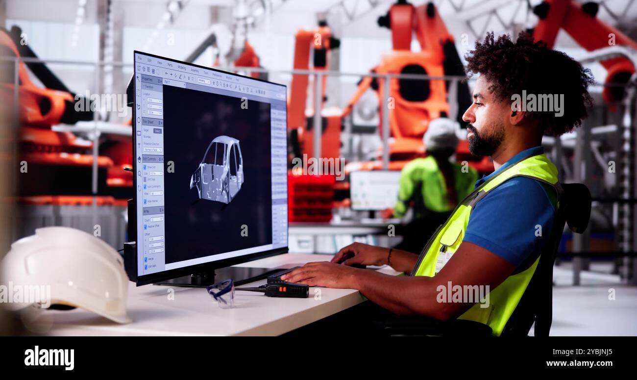 African American Engineer Using Computer In Electric Car Assembly ...