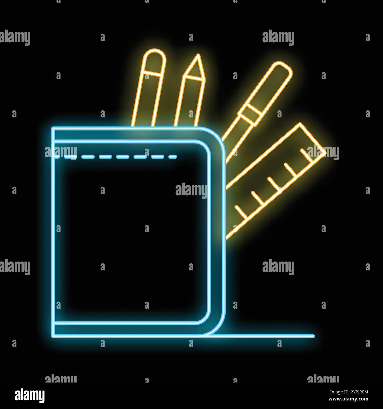 Glowing neon line wallet with pencils and ruler icon isolated on black background vector illustration Stock Vector