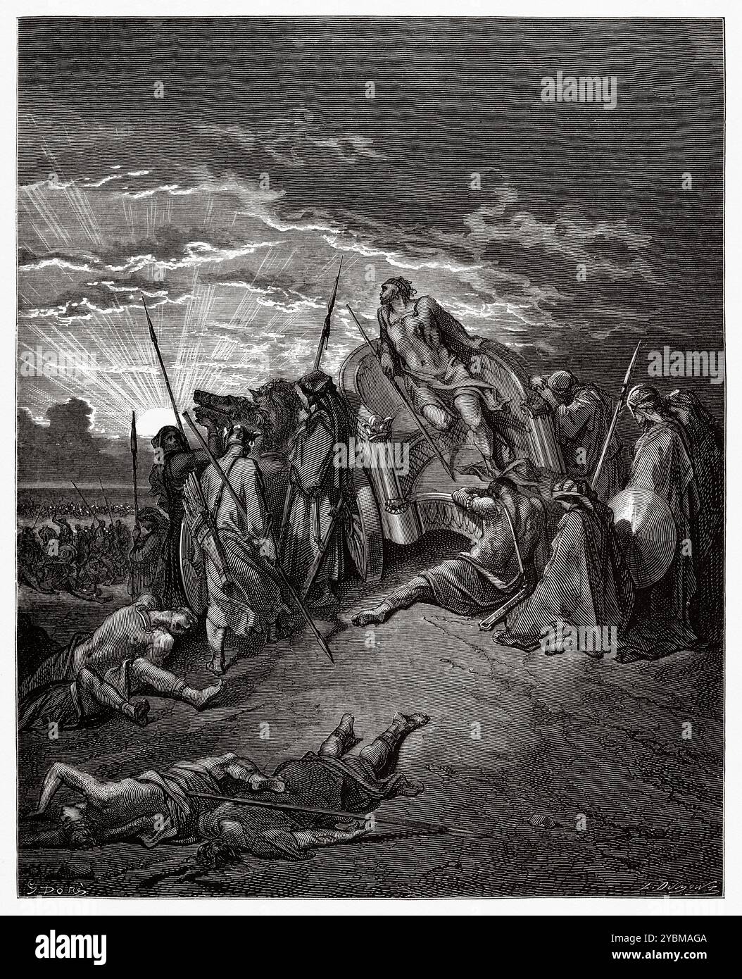 The death of King Ahab in his chariot. Old Testament. Antique bible illustration by Gustave Dore ...